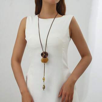 1pc Handmade Casual Vacation Style Aluminum Alloy & Resin Long Necklace, Shape & Color Vary, Floral Pattern Color & Placement Random