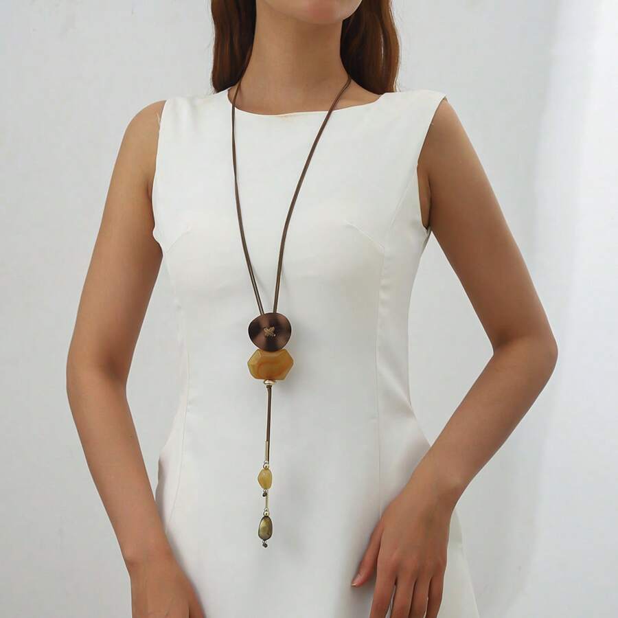 1pc Handmade Casual Vacation Style Aluminum Alloy & Resin Long Necklace, Shape & Color Vary, Floral Pattern Color & Placement Random