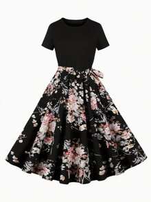 Floral Print Round Neck Dress, Elegant Short Sleeve Tie Dye Dress For Spring And Summer - 彩色 - 查看 1