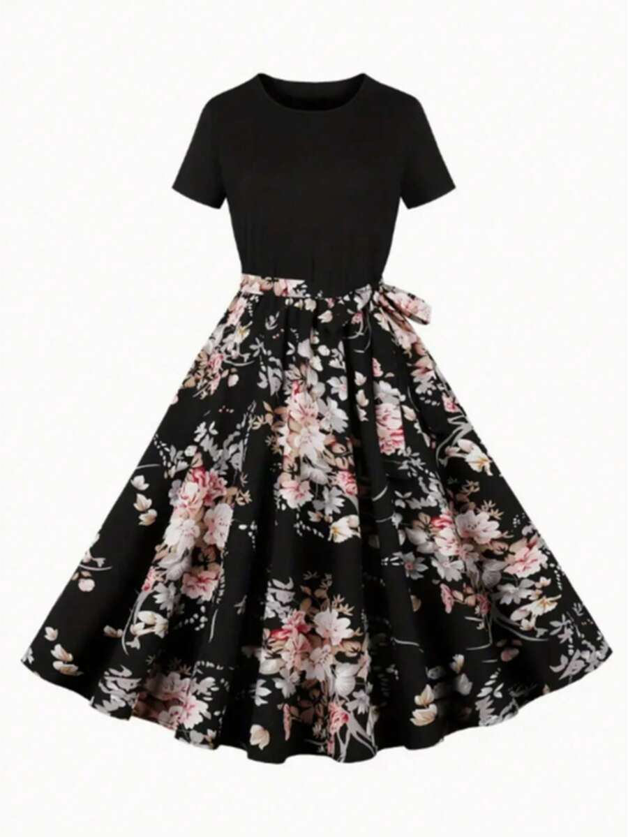 Floral Print Round Neck Dress, Elegant Short Sleeve Tie Dye Dress For Spring And Summer - 彩色 - 查看 1