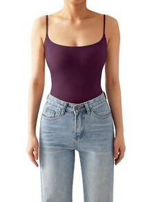 Suuksess Women Sexy Square Neck Thong Bodysuit Backless Cami Bodysuit Top - Violet - View 5