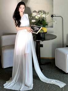 Váy dạ hội dự tiệc màu trắng ôm sát, không tay, thanh lịch và sang trọng cho nữ, váy dự tiệc sinh nhật cổ điển dành cho nữ - trắng - Xem 4