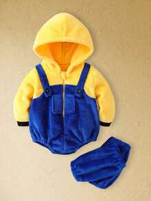 Infant Baby Boy Girl Halloween Costume Animal Fuzzy Fleece Long Sleeve Hooded Zipper Romper Leg Warmers Cosplay Outfit - Yellow - View 2