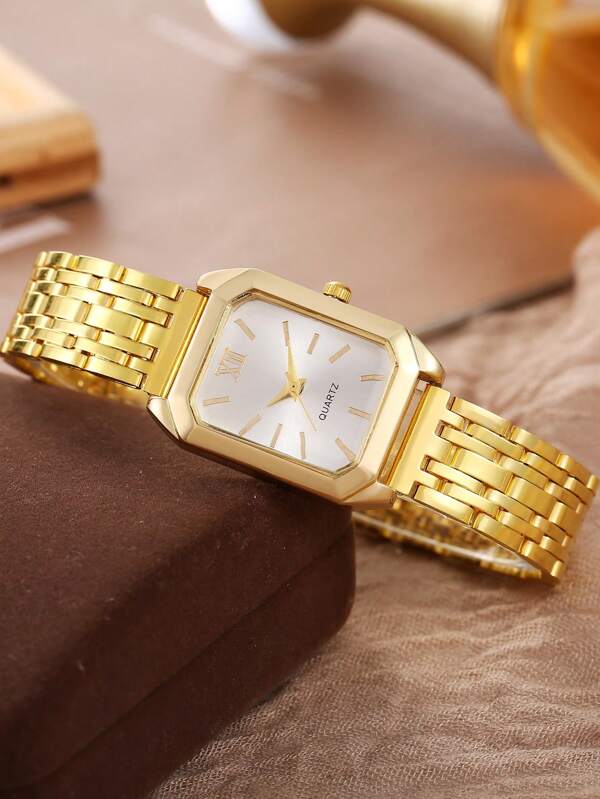 1pc Women's Fashion Quartz Watch With Roman Numeral Dial, Square Metal Linked Chain