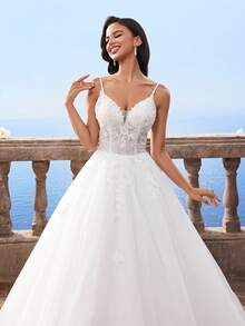 HEARBOBO 细肩带白色蕾丝贴花长裙网眼 A 字形婚纱新娘裙 - 白色 - 查看 4