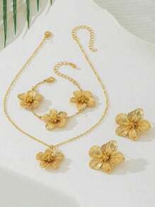 3 pièces/set Ensemble de bijoux à fleurs à la mode - collier pendentif fleur dorée, bracelet et boucles d'oreilles, convient pour le quotidien, les festivals, les sorties des femmes. Cadeau réfléchi pour les amis et la famille