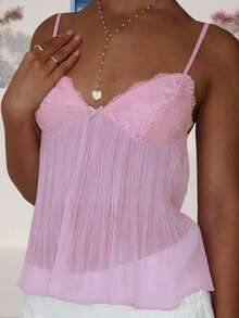 Women's Pleated Camisole Mini Bowknot Front Spaghetti Strap V-Neck Lace Cropped Tops - Pink - View 3