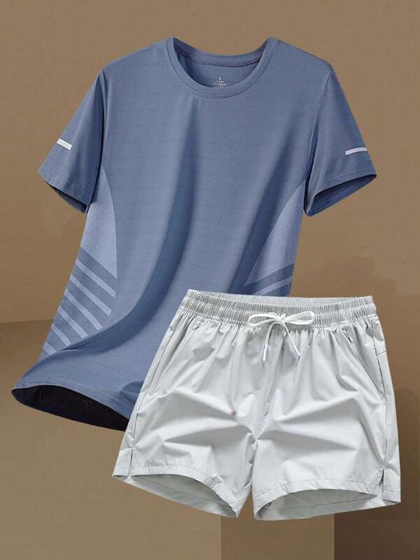 Boyfriend Style Men's Ice-Cooling Elastic Short Sleeve And Quick-Drying Sports Shorts Set, Summer Boyfriend Style Men Two Pieces Outfits