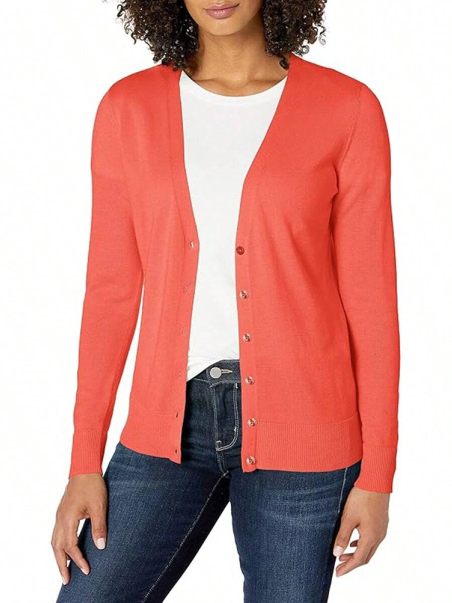 Women's Lightweight V‑Neck Cardigan Sweater - Open Front Long Sleeve Soft Knit Plus Size Available - Coral Pink - View 1