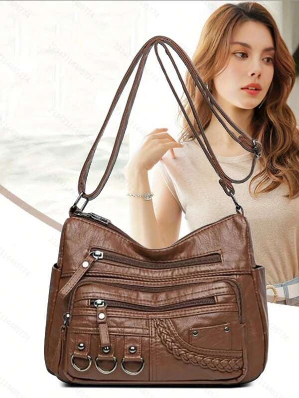 Casual Retro Multi-Pocket Brown PU Crossbody Bag, Punk Style Foldable Large Capacity Handbag