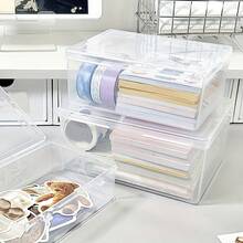 2pcs Large Capacity Transparent Flip-Top Storage Boxes - Dust-Proof PP Material, Perfect For Organizing Office And Study Supplies, Such As Pens, Laptops, Data Cables, Etc. | Foldable Storage Boxes - Multicolor - View 7