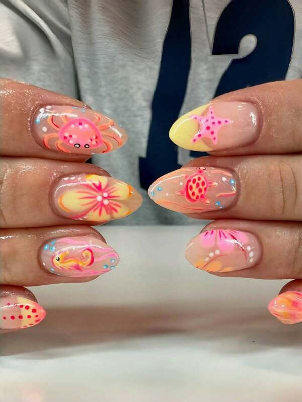 24 piezas de pegatinas de arte de uñas con diseño de vida marina del parque, con temas de océano en colores rosa y naranja adorables