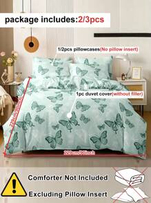 Juego de funda nórdica de 2/3 piezas con estampado de mariposa verde, juego de ropa de cama moderno y elegante para niños para todas las estaciones, suave y transpirable, lavable a máquina (1 funda nórdica + 1/2 fundas de almohada)