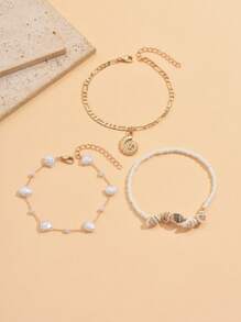 3pcs/Set Summer Faux Pearl Shell & Conch Anklet, Fashion Gold Color Natural Conch Pendant Foot Jewelry Suitable For Daily Outing, Party, Beach Vacation Wear. Handcraft Chain Can Be Customized Length, Natural Shell Pattern & Size Random.