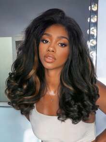 DUOZIMEI 22 Inch Mixed Brown African Curly U/V Part Wig, Fluffy Curly, Synthetic Fiber Fluffy Straight Hair, No Glue, Women Half Head Wig Without Clips - Brown - View 11