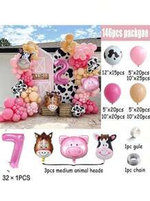 Conjunto de 146 piezas de decoración con arco y guirnalda de globos con tema de granja, incluye 40 pulgadas números del 1 al 9 de globos de aluminio rosas y globos con decoración de animales de granja para fiesta