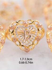 1 anel vazado com letra, coração vazado e flor rosa, anéis elegantes e estilosos de cobre dourado, adequados para uso diário feminino, adequados para encontros, férias na praia, festas, presentes, presentes de feriado, joias