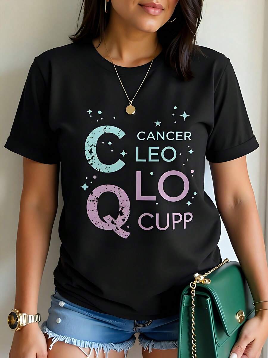 Cáncer Leo Cupp - Camiseta de Mujer de 180g Negro Algodón con Cuello Redondo y Manga Corta, T-Shirt con Estampado Zodiacal Estrellas Astrología, Ideal para el Horóscopo, Diseño Exclusivo y Moderno para tu Look Casual - Negro - Ver 1