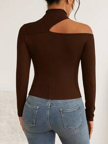 Women's T-Shirt Blouse Suplex Fabric Long Sleeve High Neck Asymmetrical Cut Ideal For Meetings And Casual Use - 咖啡棕 - 查看 2