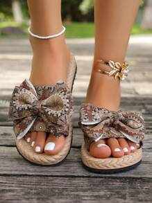Sandalias planas de mujer con estampado floral y lazo en estilo bohemio, versátiles sandalias de verano con moño boho