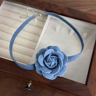 1 件复古别致 3D 牛仔蓝花颈链