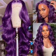 13X4 Purple Color Long Body Wave Lace Front Wig 26" Long Wavy Wigs Glueless Free Part 180% Density Violet Purple Wavy Hair With Adjustable Straps & Combs Heat Resistant Soft Loose Wave Synthetic Hair Replacement Wigs For Women Perfect For Daily Wear Parties & Special Occasions - 紫色 - 查看 1