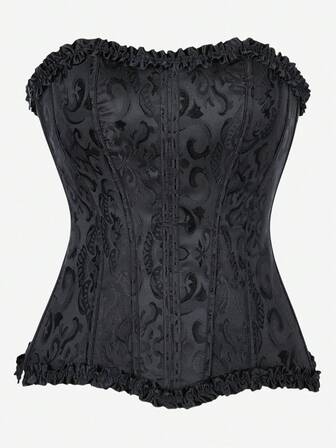 提花束胸上衣，荷叶边饰边，前胸围，侧拉链，可调节后背系带，修身塑身短款上衣，适合万圣节派对、晚会