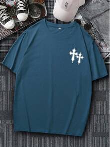 YUNCHIC - Men's Dropped Shoulder Loose Fit Printed T-Shirt, Spring/Summer - Blue - View 2