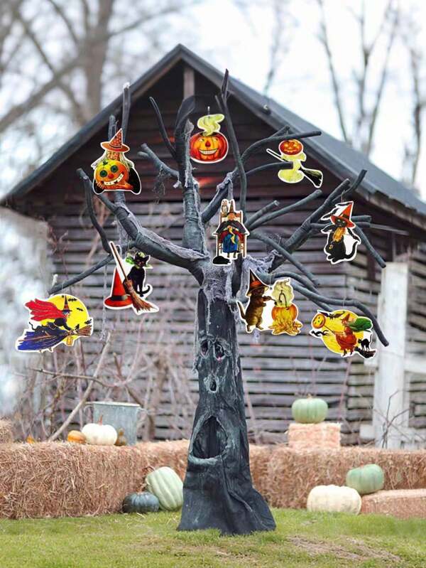 9pcs/18pcs Vintage Halloween Wooden Hanging Decorations - Printed Wooden Decorations With Pumpkin, Witch, Black Cat, Spider And Bat Motifs, Suitable For Horror Parties, Home And Halloween Tree With Rope Ornaments