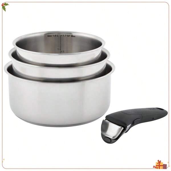 Ingenio Preference 4 Piece Stainless Steel Cookware Set, Induction Oven Safe 500F, Pots And Pans, RV, Detachable Handle