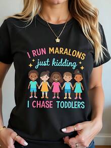 Corro maratones, es broma, persigo a niños pequeños, talla grande, para mujer, camiseta negra de algodón con cuello redondo y manga corta estampada, 180 g, camiseta gráfica de verano, Halloween, Acción de Gracias, Navidad, moda informal - Negro - Ver 1