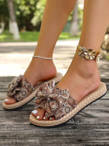 Sandalias planas de mujer con estampado floral y lazo en estilo bohemio, versátiles sandalias de verano con moño boho