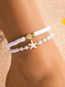 Conjunto de 2 tornozeleiras clássicas com miçangas e estrela do mar, adequadas para uso em praia/resort