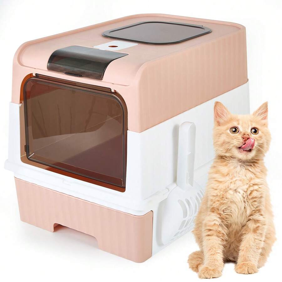 Cat Litter Box With Litter Mat, 18"X13"X14" Large Litter Box For Big Cats, Enclosed Removable Litter Boxs , Front Entry Top Exit Kitty Box, Odor Control, Easy To Clean - 粉色 - 查看 1