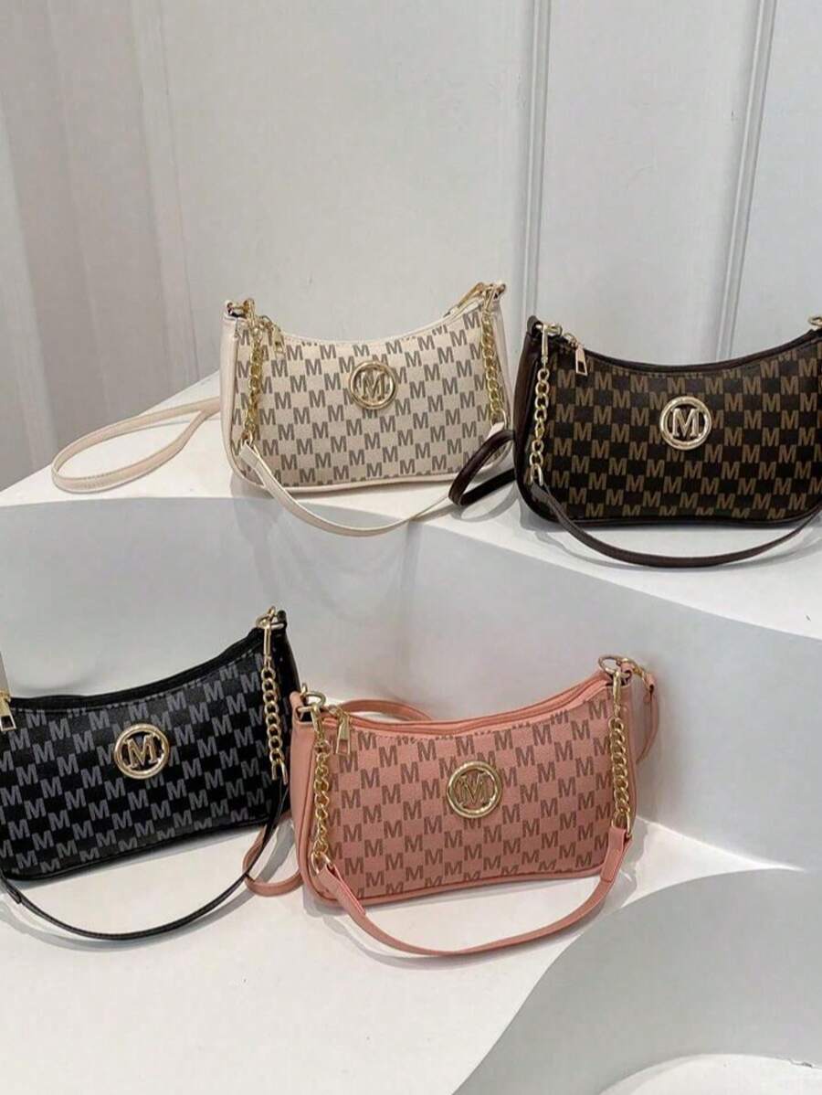 2025, nuevo bolso de hombro / cruzado de moda clásico con diseño de estampado de letras, decoración de cadena de metal y tela impermeable de PU. Adecuado para compras, monederos, estudiantes, mujeres jóvenes y mujeres de oficina. Perfecto para la oficina, el colegio, el trabajo, los negocios, los desplazamientos, las actividades al aire libre, los viajes y los picnics.