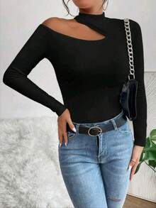 Women's T-Shirt Blouse Suplex Fabric Long Sleeve High Neck Asymmetrical Cut Ideal For Meetings And Casual Use - màu đen - Xem 5