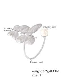 MiDuoDuo 1 pièce Bague fleur de perle de faux en acier inoxydable doré 18 carats, taille ajustable, bijou à la mode