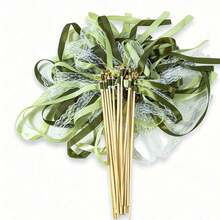 5pcs Ribbon Wands With Triple Lace Ribbon And Gold Bell, Party Gift Streamer Ribbon Sticks, Wedding Decor Fairy Magic Wands (Green) - Multicolor - View 2