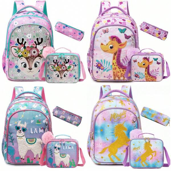 3 pièces Sacs à dos pour enfants filles Sac d'école mignon avec sac à déjeuner Sac à dos d'école primaire pour enfants Sacs essentiels pour l'école des filles