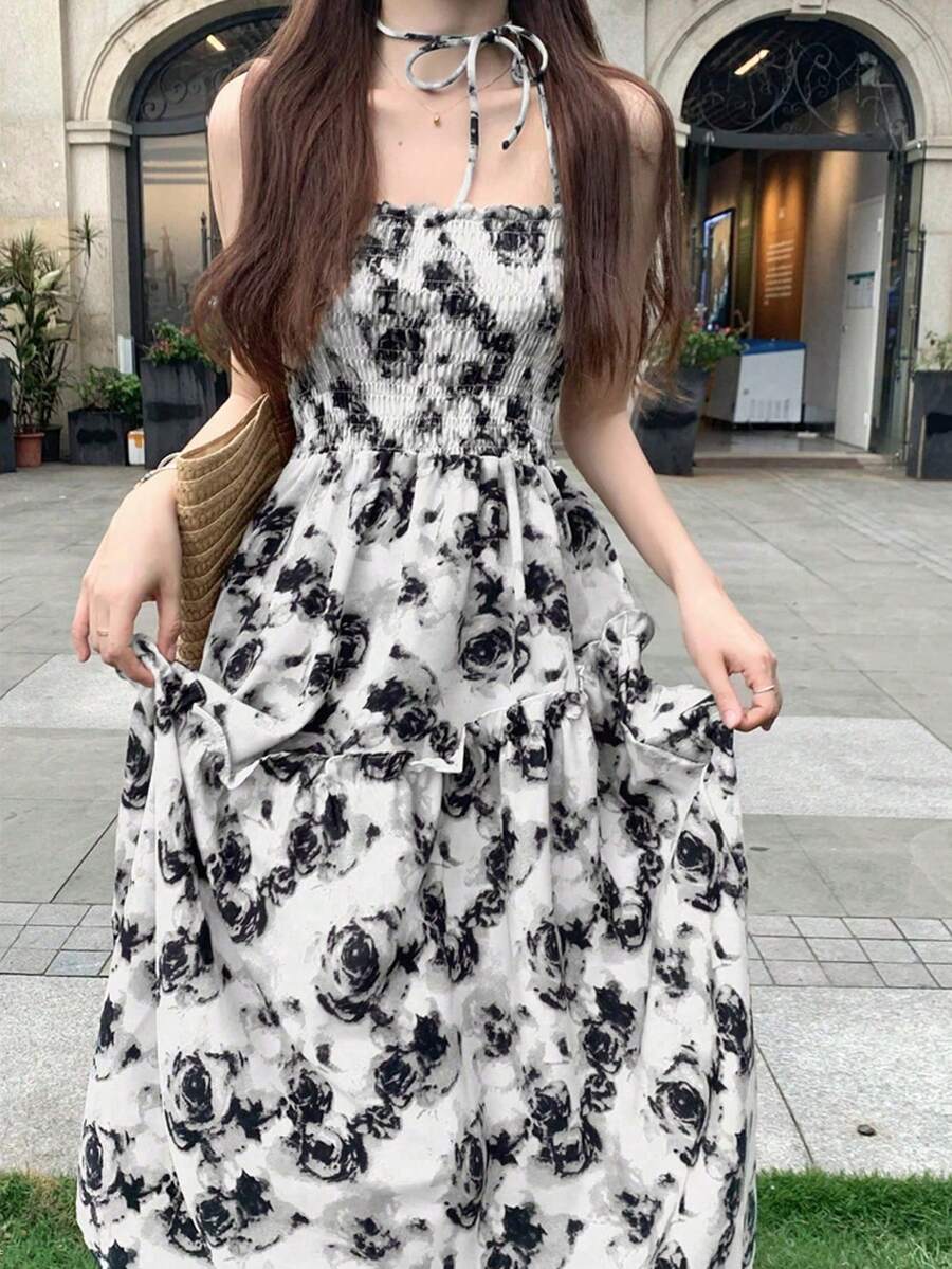 Summer Vacation Elegant Ditsy Floral Sleeveless Dress - White - View 1