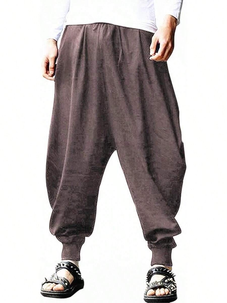 Men's Drawstring  Hippie Harem Pants Loose Drop Crotch Trousers-2025 - 淺棕色 - 查看 1