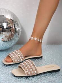 Nuevos Chanclas/Zuecos de talla grande 2025 con punta cuadrada, sin deslizamiento, con aplicaciones de cristales y perlas, versátiles para la playa/resort