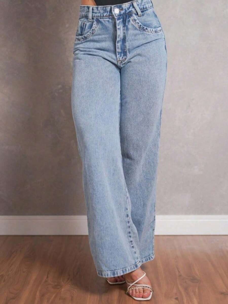Women's Wide Leg Ripped Jeans High Waist Lycra Free Wide Leg - Medium Wash - View 1