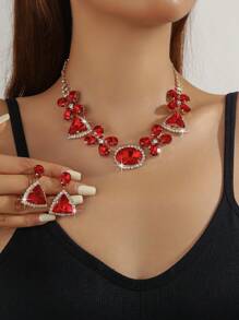 3-teiliges Set mit Halskette und Ohrringen, mit Strass und geometrischen Edelsteinen besetzt, zart und modisch, hochwertig, geeignet für den täglichen Gebrauch, Campus-Dates, Hochzeiten, Partys, Valentinstag, Urlaubsgeschenke für Frauen
