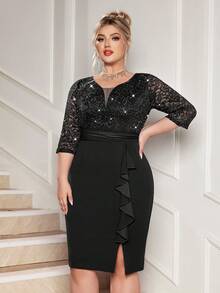 Plus Deep V-Neck Sequin Floral Lace Contrast Ruffle Trim Split Hem Evening Party Bodycon Dress, Semi Formal Wedding Guest Dress, For Birthday, Graduation, Dinner, Homecoming - 黑色 - 查看 5
