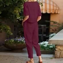 2pcs/Set Women Solid Color Crew Neck Long Sleeve T-Shirt And Sweatpants, Casual Lounge Set Summer - Burgundy - View 2