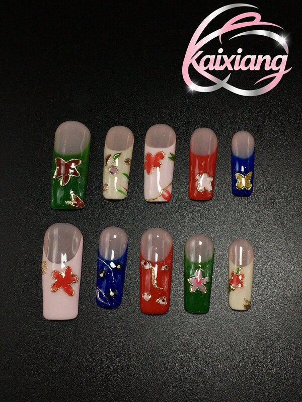 10-Piece Set, 3.3 Square Shaped Pure Handcrafted Press On Nails For Summer. Colorful Nail Art With Hand Painted Stars, Perfect For Beach Parties And Daily Wear.