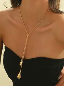 1pc Women's Elegant Y-Shape Necklace, Fashion Teardrop Pendant Box Chain Pullring Tassel Long Necklace Jewelry Accessory