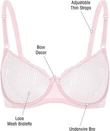 Women's Sexy 1/2 Cup Lace Bra Balconette Mesh Underwired Demi Shelf Bra Unlined See Through Bralettehalloween - Màu Hồng baby - Xem 2