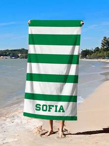 可定制个性化文字马卡龙条纹沙滩巾 - 柔软、速干、便携，秋季海滩度假必备，毕业旅行、返校季的理想礼物，也适用于美容院、酒店、运动、家居等场合，可用于毛巾、护肤、浴巾等。 - 橫條紋沙灘巾 - 查看 7